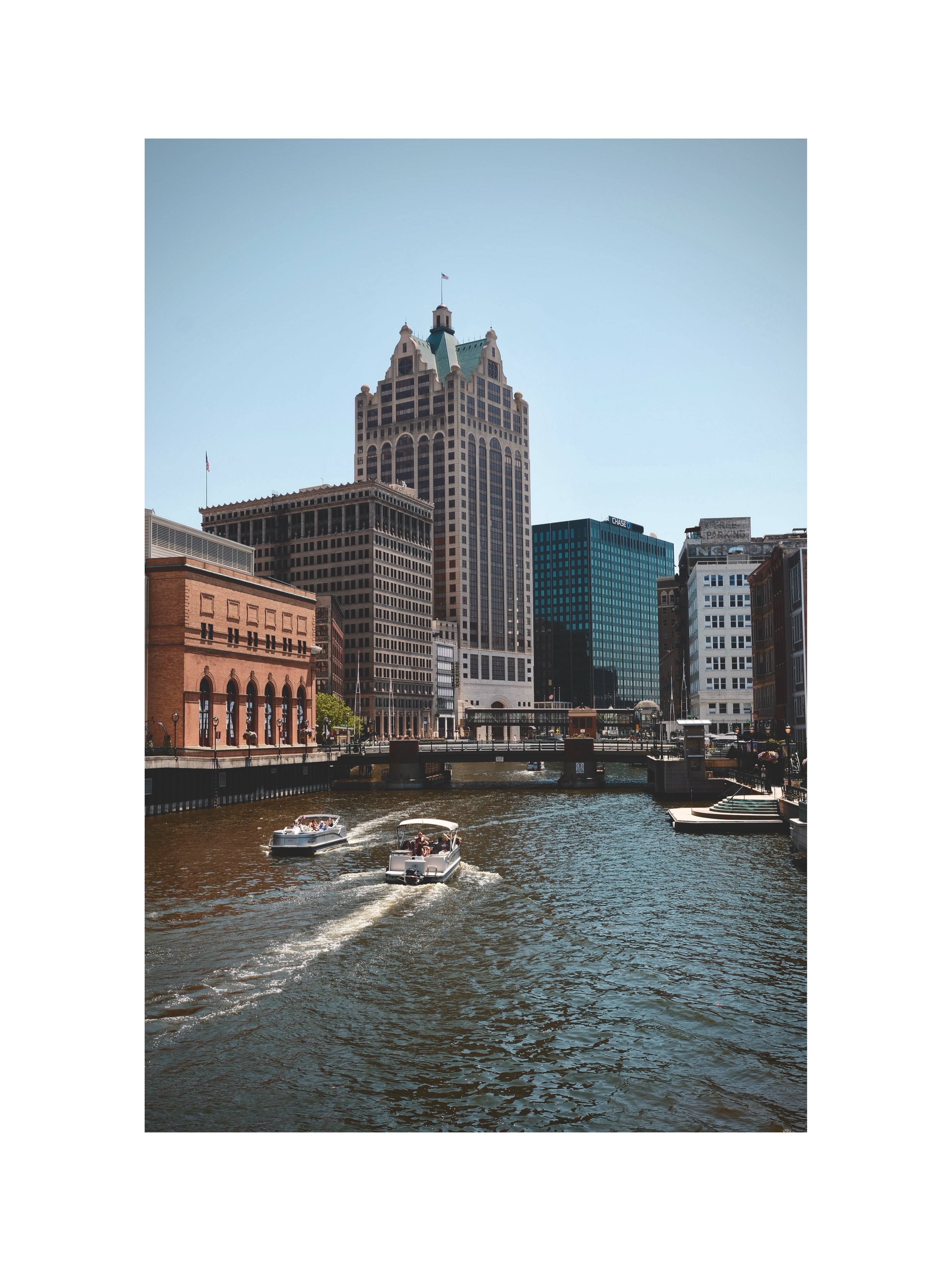 River and city buildings